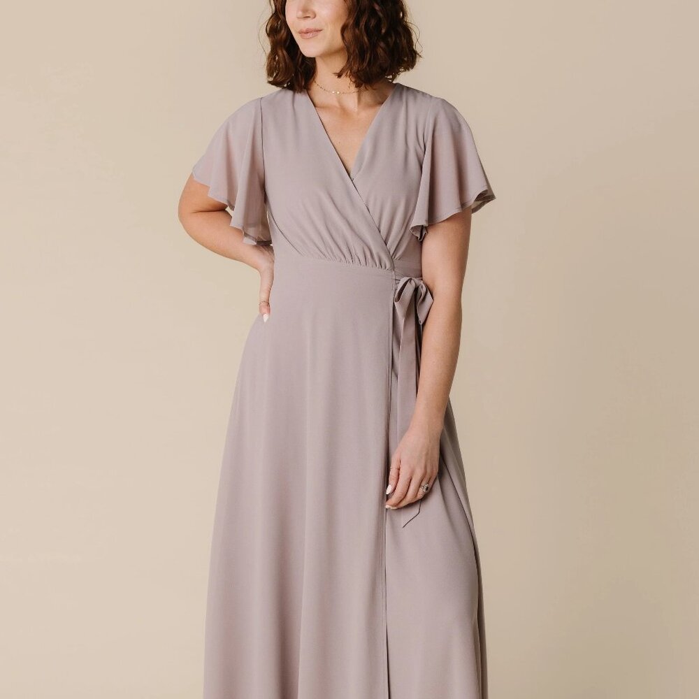 Called to Surf Naples Flutter Sleeve Wrap Maxi Blush Taupe Bridesmaid Dress